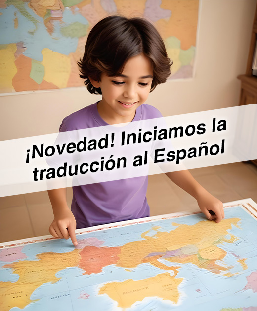 Young boy looking at a world map, highlighting the launch of Spanish translation for our website content. Text overlay: ‘¡Novedad! Iniciamos la traducción al Español.